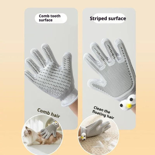 Two views of the pair of grey grooming gloves, comb side and striped side, with insets of a cat being groomed