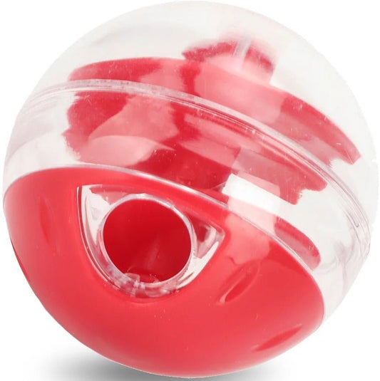 Close-up of the clear and red treat ball, tilted to show the round opening in its red half