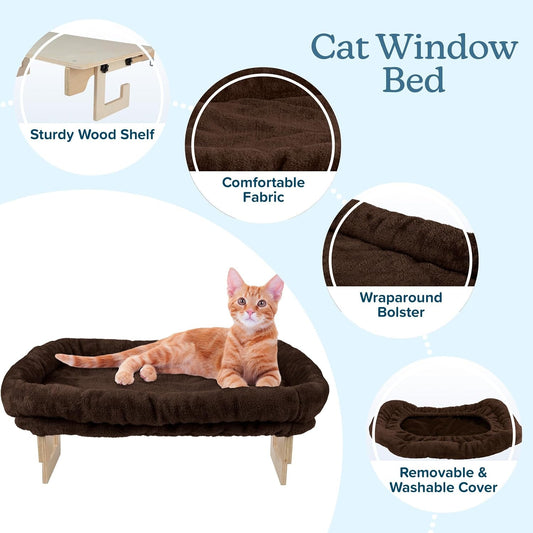 Cat Bed for Window Sill - Cat Window Perch with Bolster and Removable Washable Cover - Window Hammock with Sturdy Wood Frame for Large Cats - Pet Beds for Indoor Cats by (Brown)