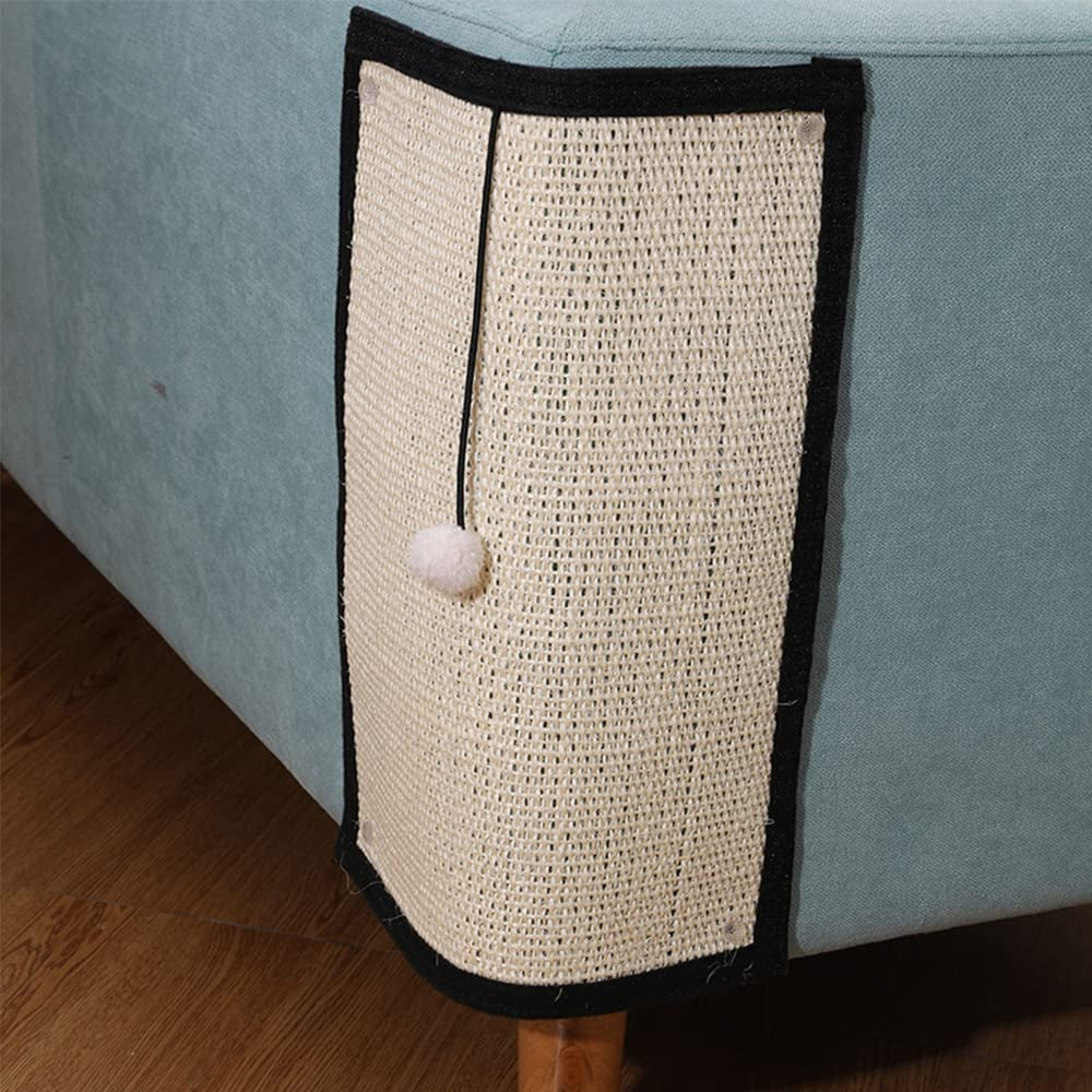 Natural sisal scratch mat fitted around a sofa corner