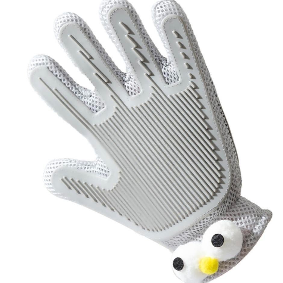 Grey cat grooming glove set, comb ridges on the palm and fingers and cartoon eyes on the cuff