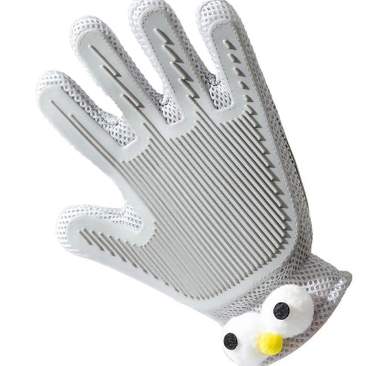 Grey cat grooming glove set, comb ridges on the palm and fingers and cartoon eyes on the cuff