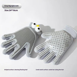 Pair of grey grooming gloves shown from both sides, comb side and striped side, with cartoon eyes on the cuff