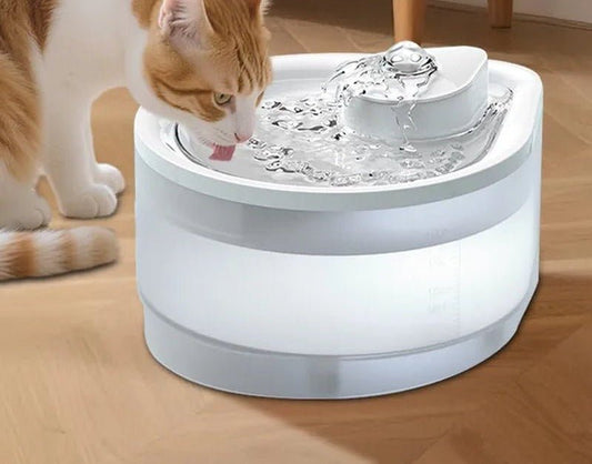 Ginger and white cat drinking from a round white running-water cat fountain with a bubbling centre spout, on a wooden floor