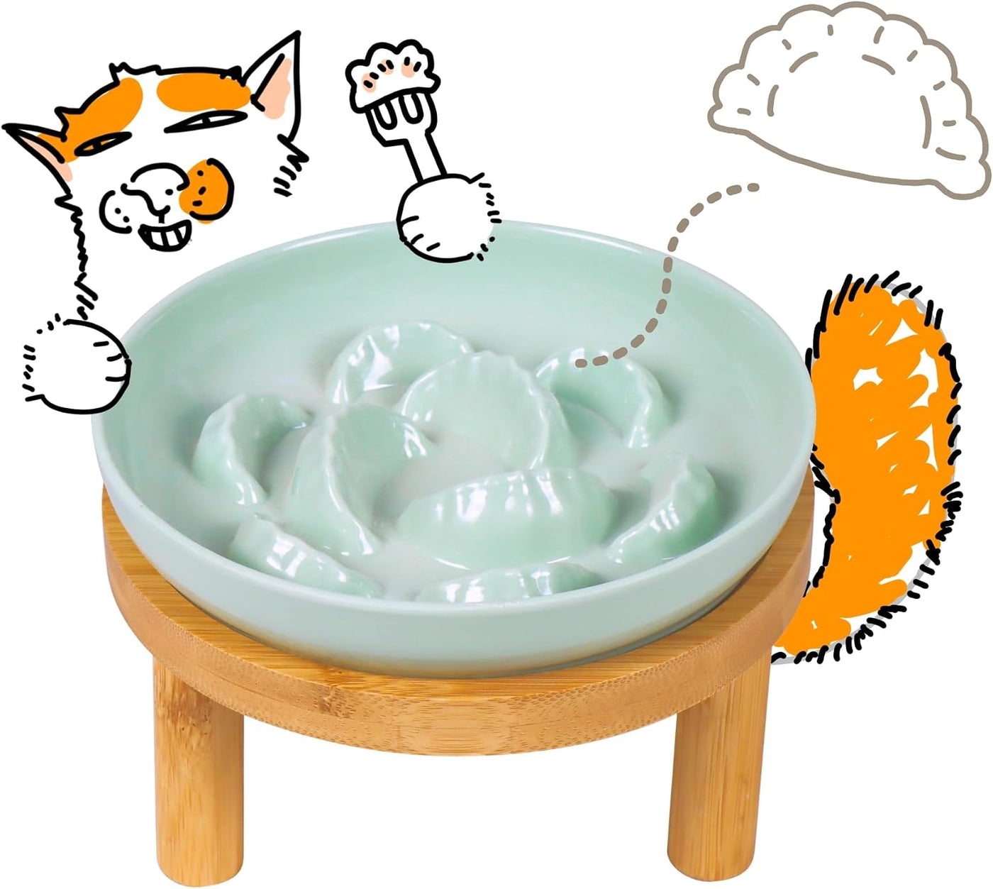 Green melamine shallow cat plate on a bamboo stand