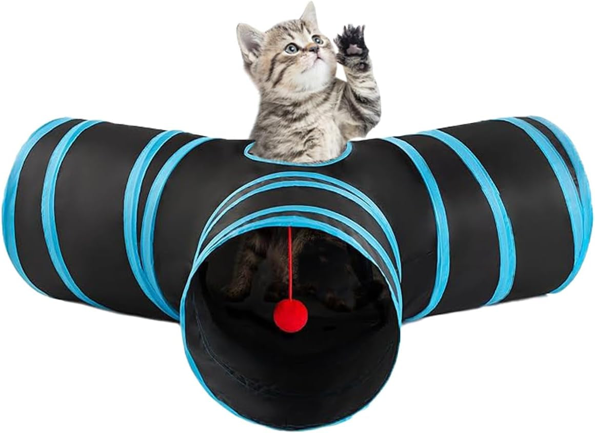 3 Way Cat Tunnel Collapsible Fun Pet Play Tube Toys for Cats, Kittens, Puppies & Rabbits - Portable Tunnel with Hanging Ball for Indoor Play, Hideout & Exercise