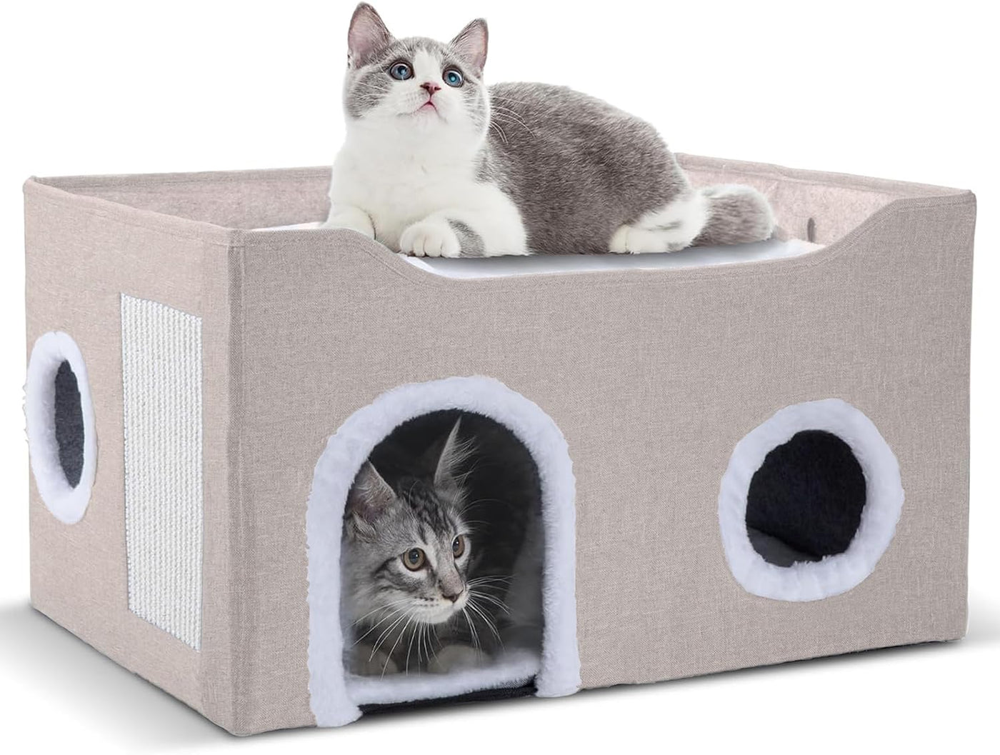 Cat House for Indoor Cats – Foldable Cat Cave & Covered Cat Bed, Cozy Hideaway for Small Pets and Large Cats (23.6"X16"X12.8"),Beige