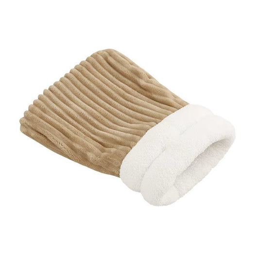Tan ribbed plush cat sleeping sack with a white fluffy cuff, on white