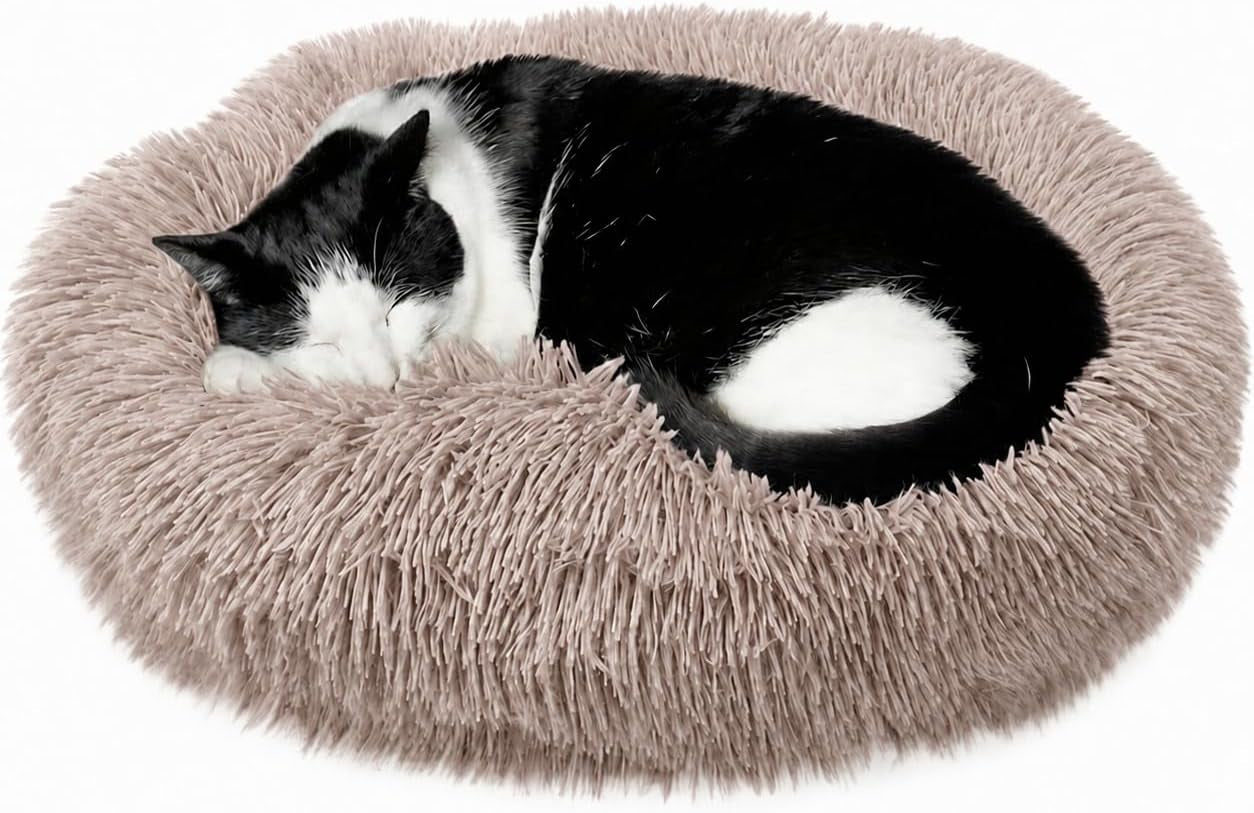 Cat Beds for Indoor Cats & Small Dog, Fluffy Cat Bed | Orthopedic Soft Plush Calming Donut Bed, Washable round Pet Bed, Sized for Kitten to Large Cats & Puppy to Small Dogs