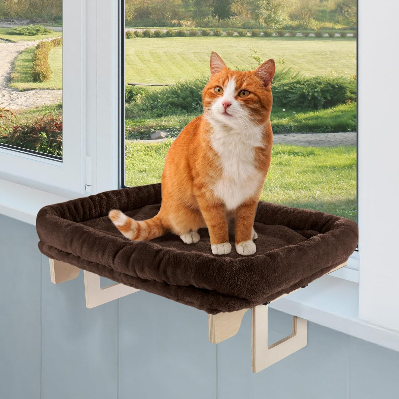 Cat Bed for Window Sill - Cat Window Perch with Bolster and Removable Washable Cover - Window Hammock with Sturdy Wood Frame for Large Cats - Pet Beds for Indoor Cats by  (Brown)
