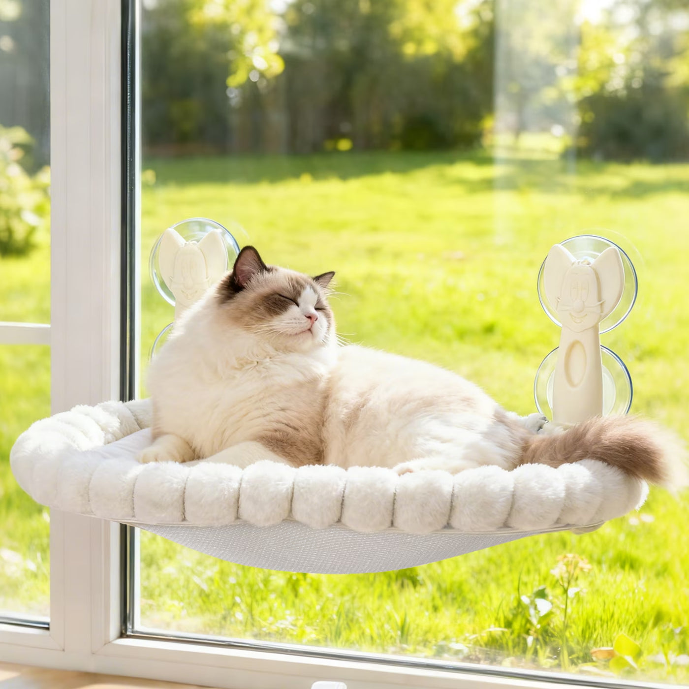 Cat Window Perch, Cat Window Hammock with Metal Frame and Reversible Cover&4 Strong Suction Cups, No Drilling, Cat Beds for Indoor Cats for Sunbathing, Napping & Overlooking(White,Velvet)