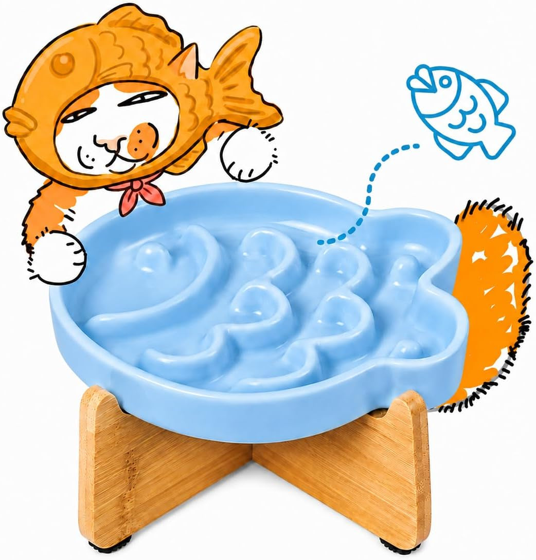 Blue ceramic fish maze cat bowl raised on a bamboo stand