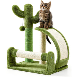 Tabby kitten on a green plush cactus cat scratcher with sisal posts, a curved sisal board and a hanging ball