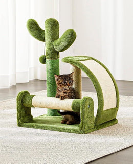 Tabby kitten peeking over the sisal roller of a green cactus cat scratcher standing on a cream rug