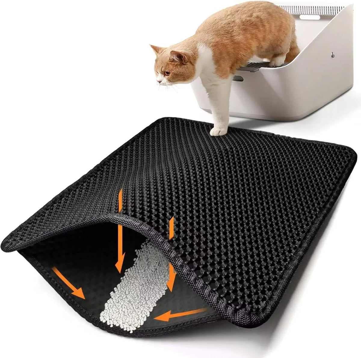 Honeycomb litter mat folded open to show trapped litter falling through