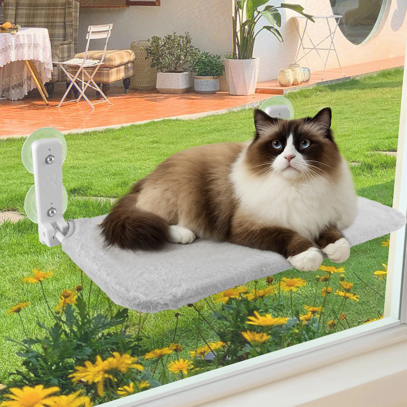 Cat Window Perch, Foldable Cat Window Bed Holds 33 Lbs Indoor with 4 Suction Cups, Reversible Fabric Washable Cover, Grey