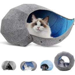 Ragdoll cat inside a grey felt cave opened out to show a blue lining, with four small views of other ways to set it up
