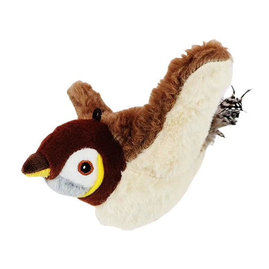Plush sparrow cat toy in brown and cream with raised wings and a feather tail, on white