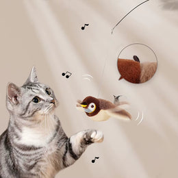 Silver tabby cat reaching up at the plush sparrow hanging from a line, with a close-up of the loop on its back