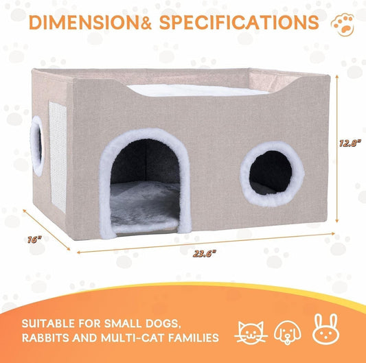 Cat House for Indoor Cats – Foldable Cat Cave & Covered Cat Bed, Cozy Hideaway for Small Pets and Large Cats (23.6"X16"X12.8"),Beige