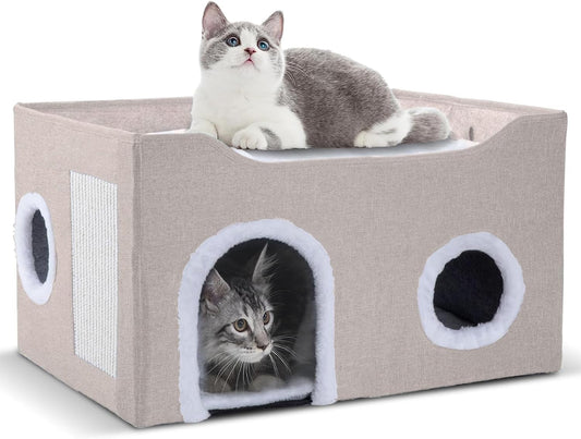 Cat House for Indoor Cats – Foldable Cat Cave & Covered Cat Bed, Cozy Hideaway for Small Pets and Large Cats (23.6"X16"X12.8"),Beige