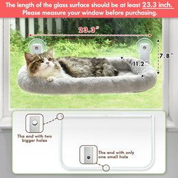 Cat lying in a grey window bed fixed to a window, marked 23.3 in long, 11.2 in deep and 7.8 in high, with the white frame shown below