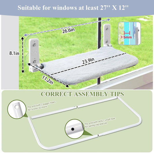 Cat Window Perch, Foldable Cat Window Bed Holds 33 Lbs Indoor with 4 Suction Cups, Reversible Fabric Washable Cover, Grey