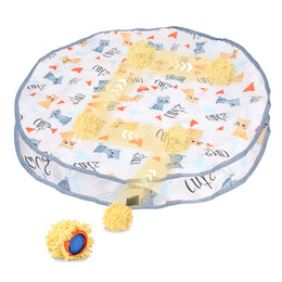 Round white cloth pouch printed with cartoon cats, with a fluffy yellow-covered ball shown rolling underneath and a blue ball in its cover in front