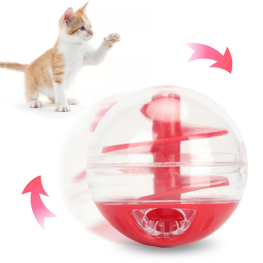 Ginger kitten reaching for the rolling puzzle treat ball