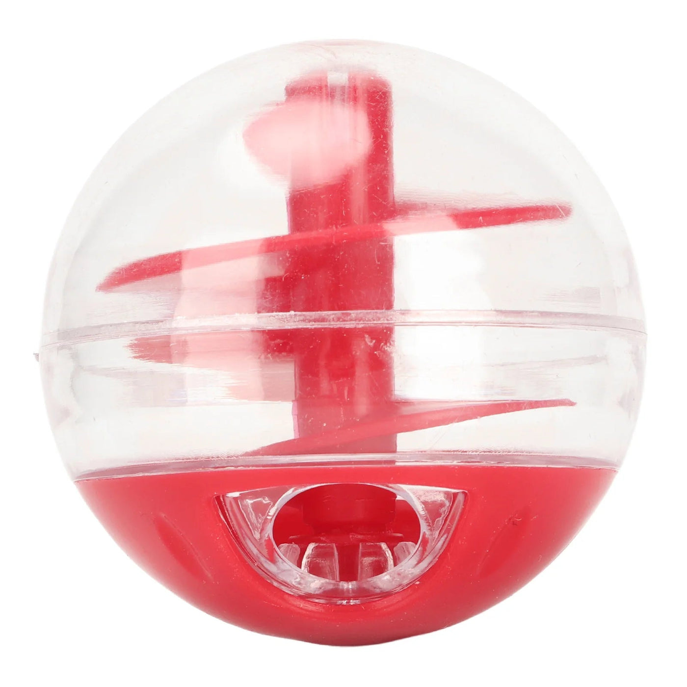 Purrmint puzzle treat ball in red, showing the internal treat chamber
