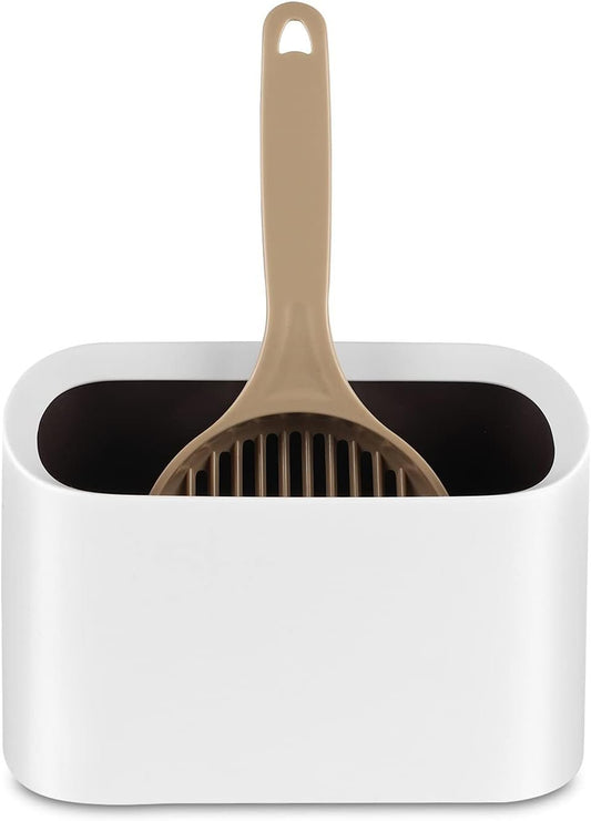 Scoop caddy holding a litter scoop beside a litter box