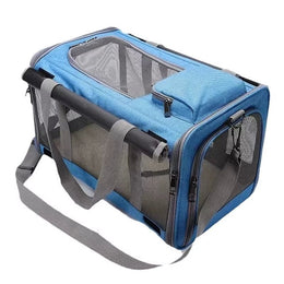 Blue mesh cat carrier seen from above, with a zipped mesh panel on top, a small zipped pocket and a shoulder strap