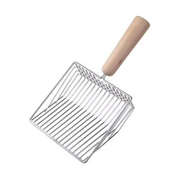Metal wire litter scoop with wide-gap bars and a wooden handle, on white