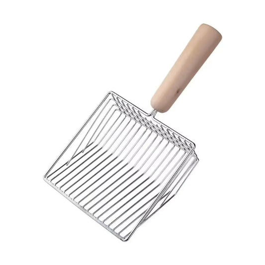 Metal wire litter scoop with wide-gap bars and a wooden handle, on white