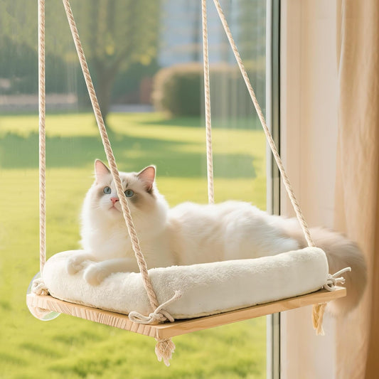 Cat Window Perch Hammock with Solid Wood Seat & Plush Cushion | 4 Heavy-Duty Suction Cups, Comfortable Indoor Cat Bed & Perch, Sturdy Wooden Window Seat, Space-Saving Cat Hammock