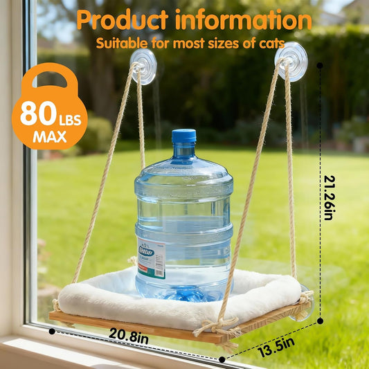 Large Cat Window Perch Hammock, Solid Wood Seat & Plush Cushion | 4 Heavy-Duty Suction Cups, Sturdy Wooden Perch for XL & Large Cats, Comfortable Indoor Window Cat Bed & Hammock