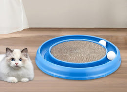 Blue round track scratcher with two white balls on a wooden floor, with a fluffy white and grey cat lying beside it