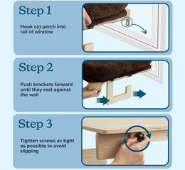 Three fitting steps: hooking the bed's metal bracket into the window rail, pushing the wooden brackets against the wall, and tightening the knob screws